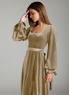Azazie Leonia Bridesmaid Dresses Golden Tan A-Line Long Sleeve Velvet Dress image6