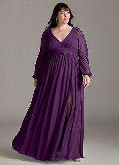 Azazie Norah Bridesmaid Dresses Grape A-Line V-Neck Long Sleeve Chiffon Dress image6