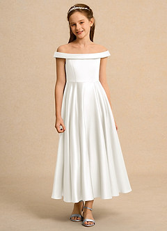 Azazie Teeny Junior Formal Jurken voor bloemenmeisjes A-Lijn Jurk van Mat Satijn Geplooid Ivoor image6