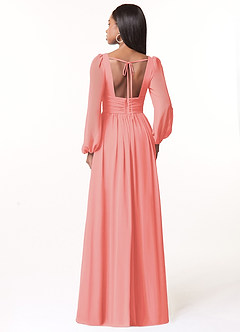 Azazie Norah Bridesmaid Dresses Coral A-Line V-Neck Long Sleeve Chiffon Dress image2