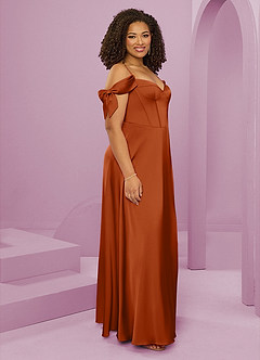 Barbie ♥ Azazie Bridesmaid Dresses Burnt Orange A-Line Off the Shoulder Stretch Satin Dress image2