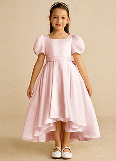 Azazie Zippy Flower Girl Dresses Blushing Pink A-Line with Sleeves Matte Satin Dress image3