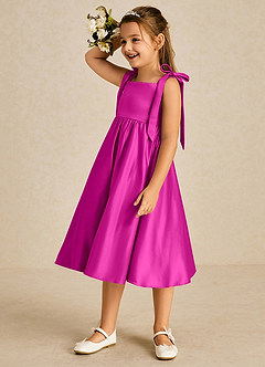 Azazie Chelsie Flower Girl Dresses Fuchsia A-Line Bow Matte Satin Dress image4