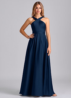 Azazie Dixie Robes de demoiselle d'honneur Robe Trapèze en Satin extensible Plissé Bleu Marine Foncé image3