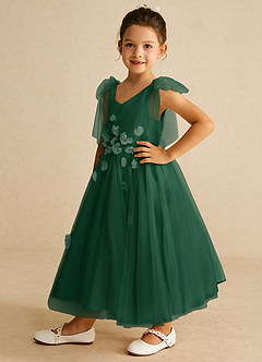 Azazie Minia Flower Girl Dresses Dark Green A-Line Bow Matte Satin Dress image5