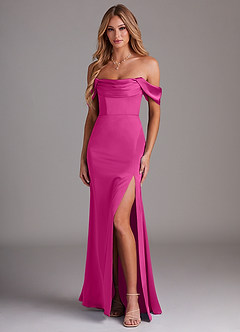 Azazie Saige Bridesmaid Dresses Fuchsia Sheath Off the Shoulder Stretch Satin Dress image1