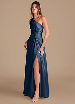 Azazie Brooke Bridesmaid Dresses Dark Navy A-Line One Shoulder Metallic Satin Dress image4