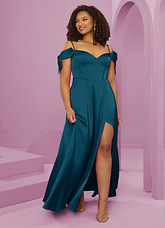 Barbie ♥ Azazie Brautjungfernkleider A-Linie Schulterfrei Stretch-Satin Kleid Tintenblau image10