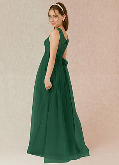 Azazie Georgette Junior Dark Green A-Line Lace Tulle Dress image2