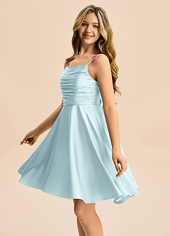 Azazie Miko Junior Cloud Blue A-Line Pleated Stretch Satin Dress image7