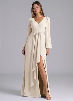 Azazie Liah Bridesmaid Dresses White Alabaster A-Line Long Sleeve Chiffon Dress image1