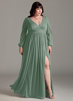 Azazie Norah Brautjungfernkleider A-Linie Lange Ärmel mit V-Ausschnitt Chiffon Kleid Silberner Salbei image9