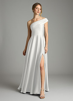 Azazie Melanie Vestidos de damas de honor Vestido de Blanco de Satén Elástico de Corte en A con Vestidos sin tirantes image3