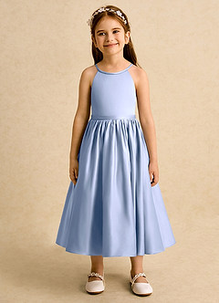 Azazie Indi Flower Girl Dresses Ice A-Line Bow Matte Satin Dress image6