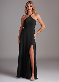 Azazie Bailey Brautjungfernkleider A-Linie Halter Seitenschlitz Chiffon Kleid Schwarz image1
