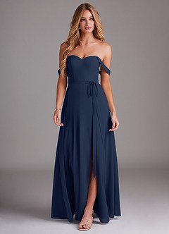Azazie Aaron Bridesmaid Dresses Dark Navy A-Line Off the Shoulder Chiffon Convertible Dress image4