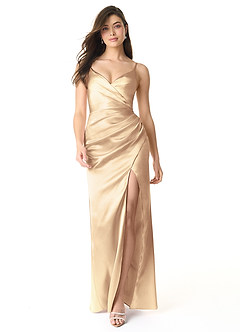 Azazie Sukia Bridesmaid Dresses Gold Mermaid Pleated Metallic Satin Dress image1