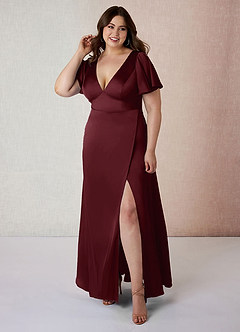 Azazie Lani Bridesmaid Dresses Cabernet A-Line Flounce Sleeve Stretch Satin Dress image7