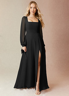Azazie Leonia Bridesmaid Dresses Black A-Line Long Sleeve Chiffon Dress image3