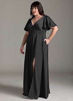 Azazie Kimber Bridesmaid Dresses Black A-Line Ruched Stretch Satin Dress image10