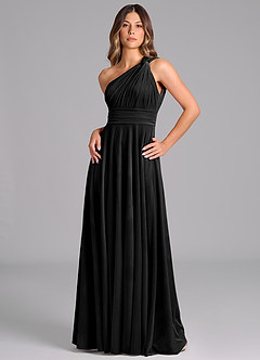 Azazie Charlize At-home Try On Dresses Black A-Line One Shoulder Velvet Dress image5