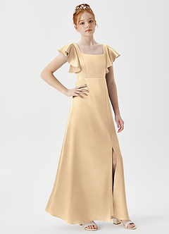 Azazie Bondi Junior Gold A-Line Side Slit Metallic Satin Dress image3