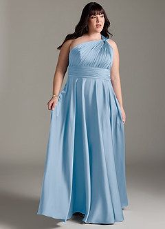 Azazie Charlize Abiti da Damigella Abito A-Line in Raso Elasticizzato Monospalla Azzurro Polvere image11