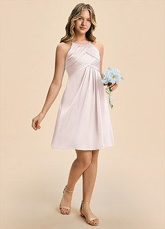 Azazie Ginny Junior Blushing Pink A-Line Pleated Stretch Satin Dress image7