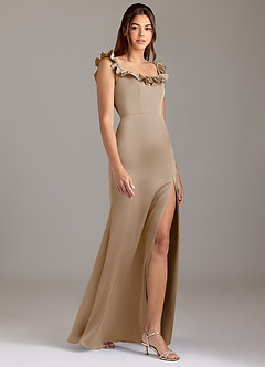 Azazie Callie Bridesmaid Dresses Taupe A-Line Ruched Stretch Satin Convertible Dress image4