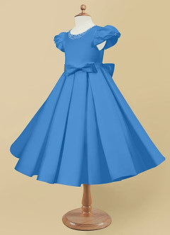 Azazie Jewel Flower Girl Dresses Blue Jay Ball-Gown Pleated Matte Satin Dress image6