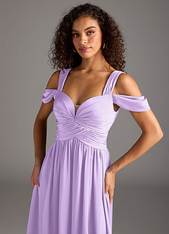 Azazie Lianne Bridesmaid Dresses Lilac A-Line Off the Shoulder Stretch Satin Dress image3