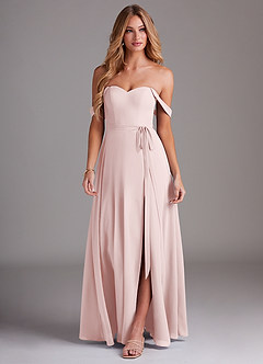 Azazie Aaron Bridesmaid Dresses Blushing Pink A-Line Off the Shoulder Chiffon Convertible Dress image5
