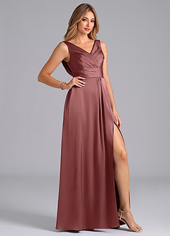 Azazie Karina Bridesmaid Dresses Amethyst A-Line Pleated Stretch Satin Dress image5