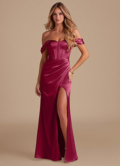 Azazie Asha Bridesmaid Dresses Burgundy Sheath Off the Shoulder Metallic Satin Dress image1