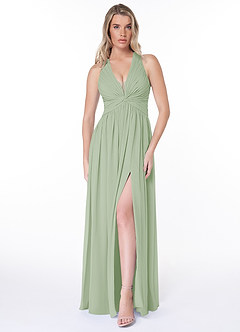 Azazie Jaclyn Brautjungfernkleider A-Linie Plissee Chiffon Kleid Staubiger Salbeigrün image1