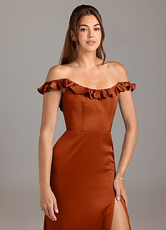 Azazie Callie Bridesmaid Dresses Burnt Orange A-Line Ruched Stretch Satin Convertible Dress image8