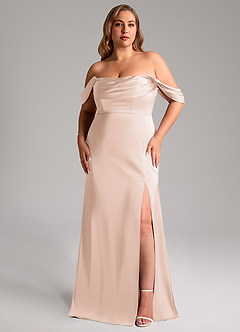 Azazie Saige Bridesmaid Dresses Blushing Pink Sheath Off the Shoulder Stretch Satin Dress image11