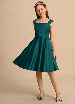 Azazie Budle Girls Formal Flower Girl Dresses Peacock A-Line Pleated Matte Satin Dress image3