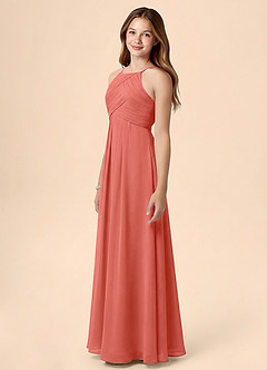 Azazie Ginny Junior Salmon Pink A-Line Pleated Chiffon Dress image3