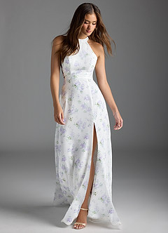 Azazie Clarice Bridesmaid Dresses Blue Vintage Floral A-Line Halter Chiffon Dress image3