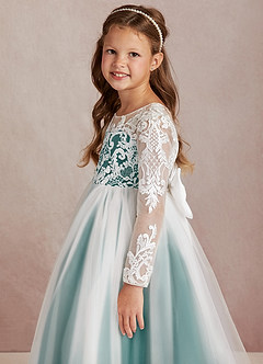 Azazie Elodie Blumenmädchenkleider Ballkleid Spitze Kleid Elfenbein Pfau image6