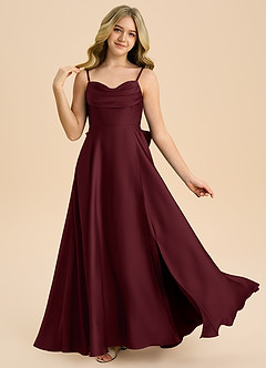 Azazie Bear Junior Robe Trapèze en Satin extensible Encolure en Forme de Cœur Cabernet image1