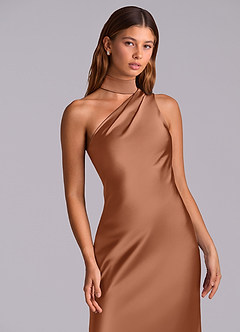Azazie Seona Robes de demoiselle d'honneur Robe Sirène en Satin extensible Une épaule Bronze image2