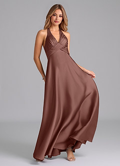 Azazie Tessie Bridesmaid Dresses Espresso A-Line Pleated Stretch Satin Dress image4