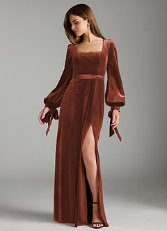 Azazie Leonia Bridesmaid Dresses Terracotta A-Line Long Sleeve Velvet Dress image3
