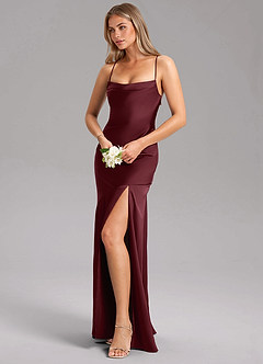 Azazie Grata Bridesmaid Dresses Cabernet Sheath Side Slit Stretch Satin Dress image4