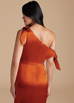 Azazie Xyla Bridesmaid Dresses Paprika Sheath Off the Shoulder Metallic Satin Convertible Dress image4