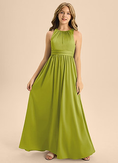 Azazie Jaylah Junior Lemongrass A-Line Pleated Stretch Satin Dress image4