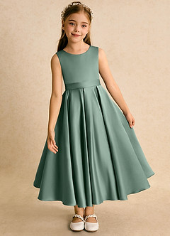 Azazie Junebuj Robe Demoiselle D'honneur Fillette Robe Princesse en Mat Satiné Plissée Eucalyptus image6