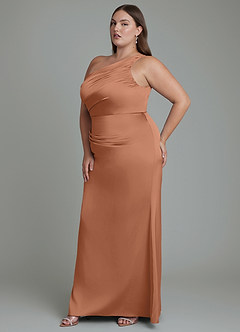Azazie Akilah Jurken voor bruidsmeisjes Jurk van Stretch Satijn met Zeemeermin One-shoulder Bronzeertint image11